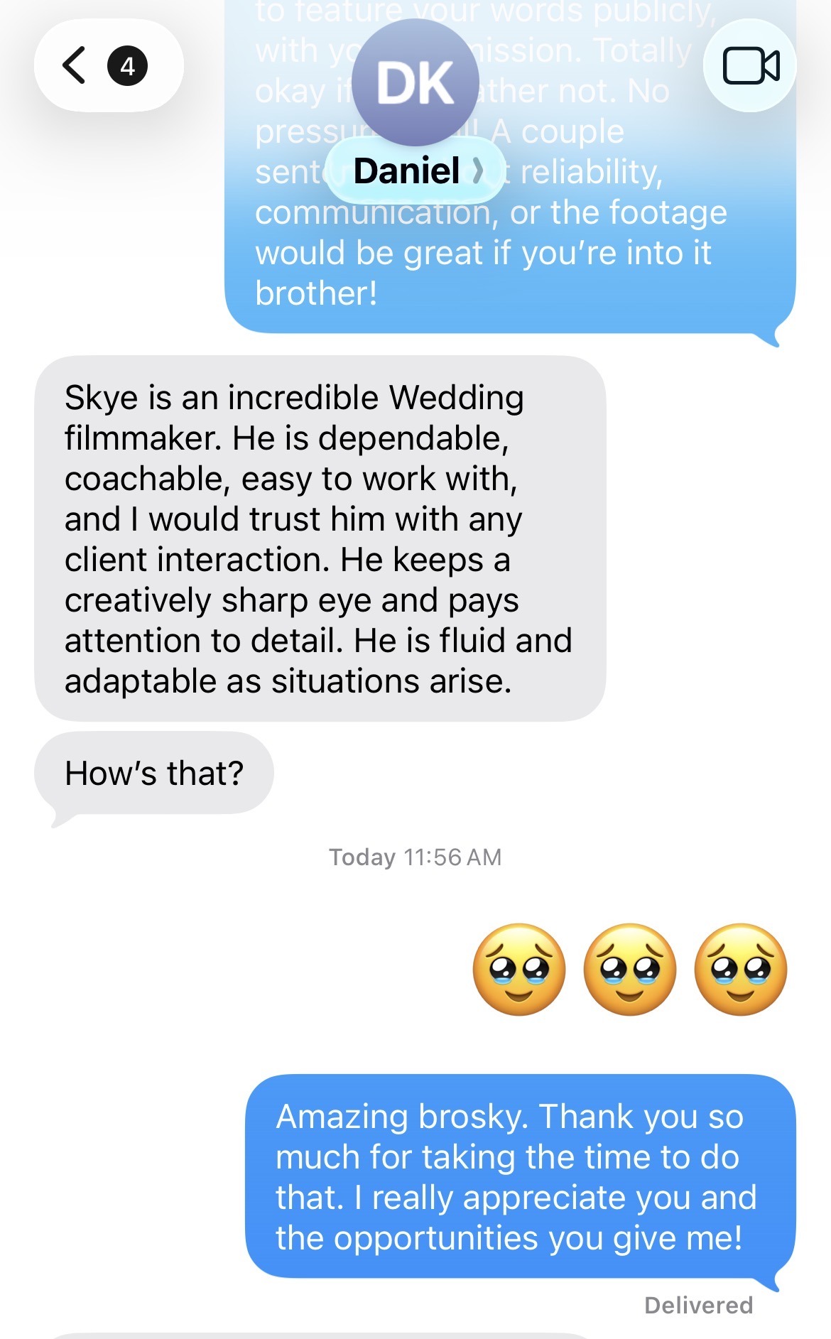 Text-message exchange sharing feedback about working with Skye